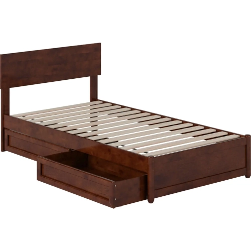 Wesley Twin Platform Bed with Panel Footboard, Drawers & Charging in Walnut Finish