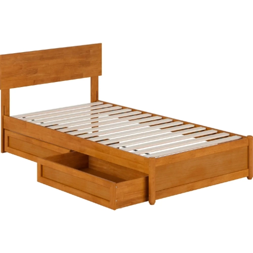 Wesley Twin Platform Bed with Panel Footboard, Drawers & Charging in Light Toffee