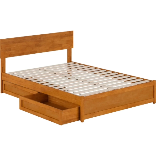 Wesley Full Platform Bed with Panel Footboard, Drawers & Charging & Charging in Light Toffee