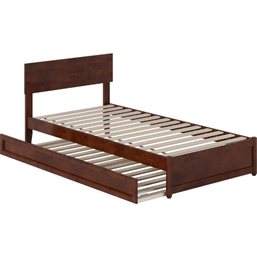 Wesley Twin XL Platform Bed with Panel Footboard, Twin XL Trundle & Charging in Walnut Finish
