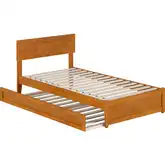 Wesley Twin Platform Bed with Panel Footboard, Twin Trundle & Charging in Light Toffee