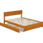 Wesley Queen Platform Bed with Panel Footboard, Twin XL Trundle & Charging in Light Toffee
