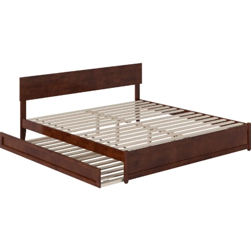 Wesley King Platform Bed with Panel Footboard, Twin XL Trundle & Charging in Walnut Finish