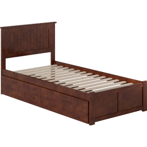 Nantucket Twin XL Platform Bed with Footboard, 2 Drawers & Charging in Walnut