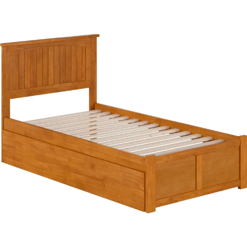 Nantucket Twin Platform Bed with Footboard, Twin Trundle & Charging in Light Toffee