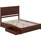 Malta Queen Platform Bed with Panel Footboard, Drawers & Charging in Walnut Finish