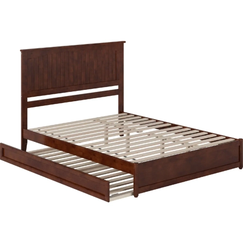 Malta Queen Platform Bed with Panel Footboard, Twin XL Trundle & Charging in Walnut Finish
