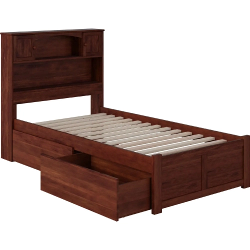 Newport Twin XL Bed with Flat Panel Footboard & 2 Under Bed Drawers in Walnut