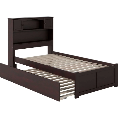 Newport Bookcase Twin Bed with Flat Panel Footboard & Urban Trundle in Espresso