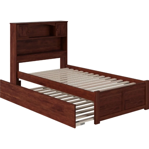Newport Bookcase Twin Bed with Flat Panel Footboard & Urban Trundle in Antique Walnut