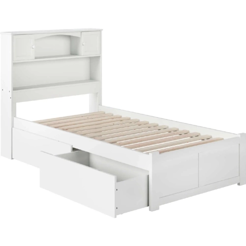 Newport Bookcase Twin Bed with Flat Panel Footboard & Urban Bed Drawers in White