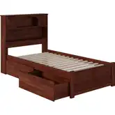 Newport Bookcase Twin Bed with Flat Panel Footboard & Urban Bed Drawers in Antique Walnut