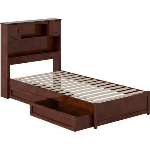 Hadley Twin XL Platform Bed with Panel Footboard, Drawers & Charging in Walnut Finish