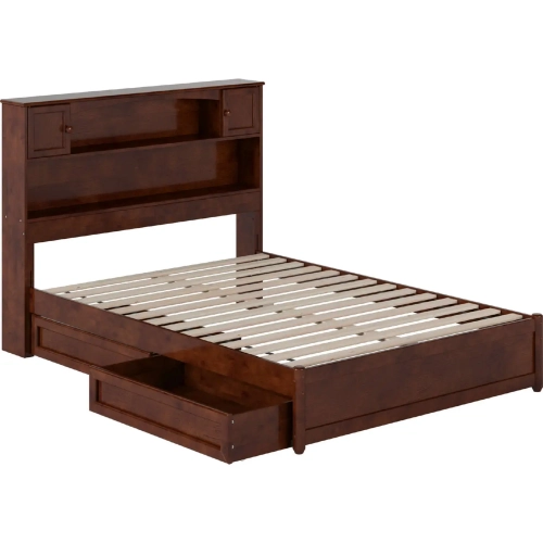 Hadley Full Platform Bed with Panel Footboard, Drawers & Charging in Walnut Finish