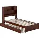 Hadley Twin XL Platform Bed with Panel Footboard, Twin XL Trundle & Charging in Walnut Finish
