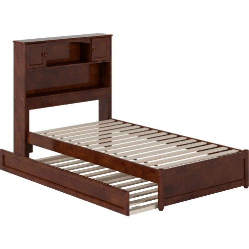 Hadley Twin Platform Bed with Panel Footboard, Twin Trundle & Charging in Walnut Finish
