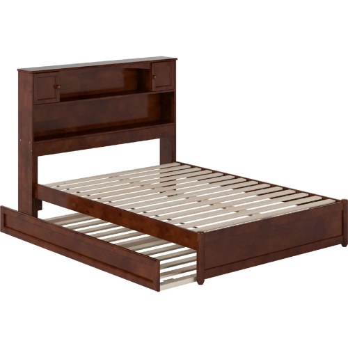 Hadley Full Platform Bed with Panel Footboard, Twin Trundle & Charging in Walnut Finish