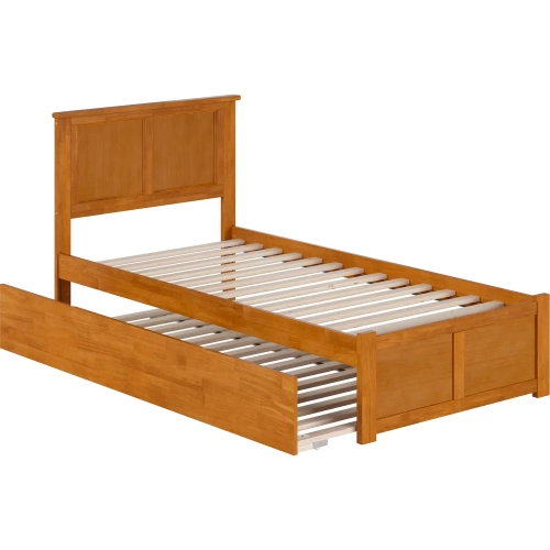 Madison Twin XL Platform Bed w/ Footboard & Twin XL Trundle in Toffee Wood