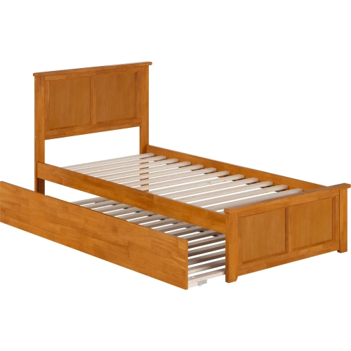 Madison Twin XL Platform Bed w/ Footboard & Twin XL Trundle in Toffee Wood