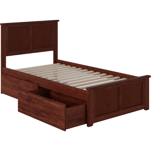 Madison Twin XL Platform Bed w/ Footboard & 2 Drawers in Walnut Wood