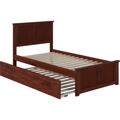 Madison Twin Platform Bed w/ Footboard & Twin Trundle in Walnut Wood