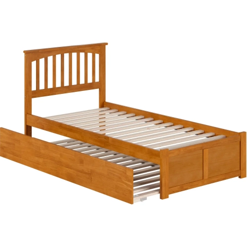 Mission Twin XL Platform Bed w/ Footboard & Twin XL Trundle in Toffee Wood