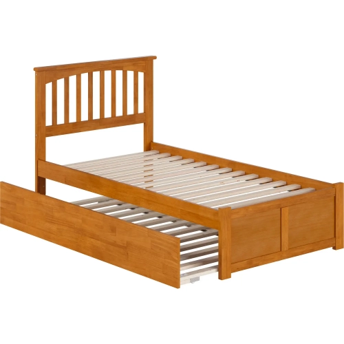 Mission Twin Platform Bed w/ Footboard & Twin Trundle in Toffee Wood