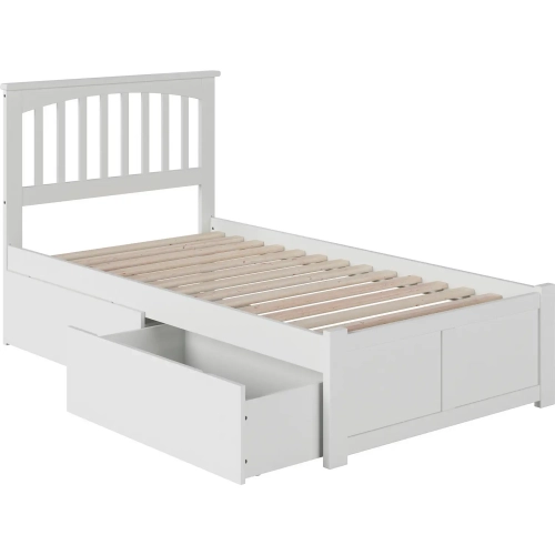 Mission Twin Platform Bed w/ Footboard & 2 Drawers in White Wood