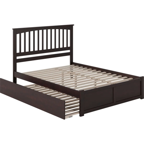 Mission Queen Platform Bed w/ Footboard & Twin XL Trundle in Espresso Wood