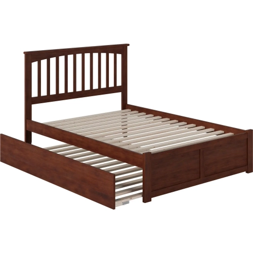 Mission Queen Platform Bed w/ Footboard & Twin XL Trundle in Walnut Wood