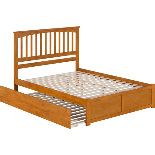 Mission Queen Platform Bed w/ Footboard & Twin XL Trundle in Toffee Wood