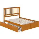 Mission Queen Platform Bed w/ Footboard & Twin XL Trundle in Toffee Wood