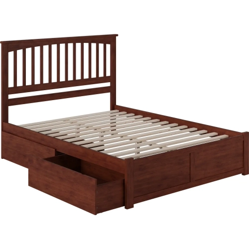 Mission Queen Platform Bed w/ Footboard & 2 Drawers in Walnut Wood