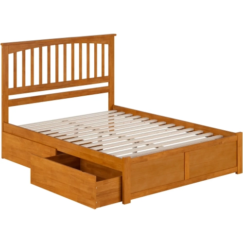 Mission Queen Platform Bed w/ Footboard & 2 Drawers in Toffee Wood