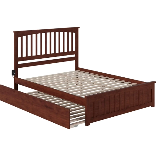 Mission Queen Platform Bed, Match Footboard, Turbo Charger & Twin XL Trundle in Walnut