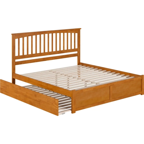 Mission King Platform Bed w/ Footboard & Twin XL Trundle in Toffee Wood