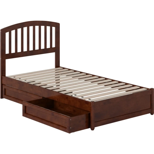 Lucia Twin Platform Bed w/ Panel Footboard & 2 Drawers in Walnut Wood