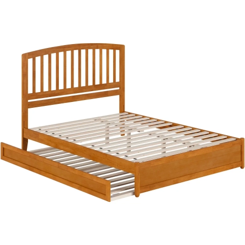 Lucia Queen Platform Bed w/ Panel Footboard & Twin XL Trundle in Toffee Wood