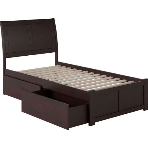 Portland Twin XL Bed with Flat Panel Footboard & 2 Bed Drawers in Espresso