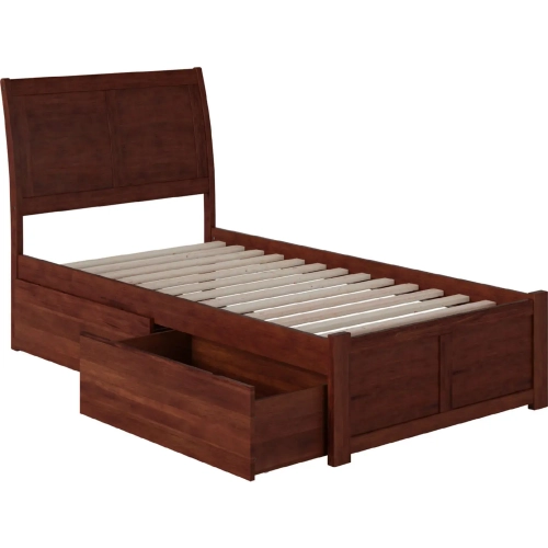 Portland Twin Bed with Flat Panel Footboard & 2 Urban Bed Drawers in Antique Walnut