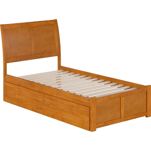 Portland Twin Platform Bed with Footboard, 2 Drawers & Charging in Light Toffee