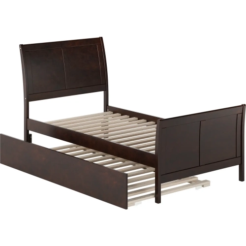 Portland Twin Platform Bed w/ Footboard & Twin Trundle in Espresso Wood