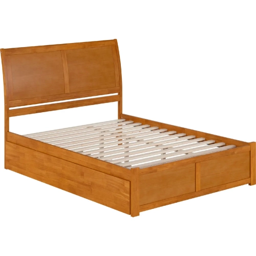 Portland Queen Platform Bed with Footboard, Twin XL Trundle & Charging in Light Toffee