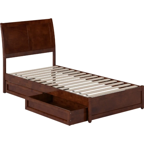 Andorra Twin XL Platform Bed with Panel Footboard, Drawers & Charging in Walnut Finish