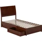 Andorra Twin XL Platform Bed with Panel Footboard, Drawers & Charging in Walnut Finish