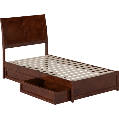 Andorra Twin Platform Bed with Panel Footboard, Drawers & Charging in Walnut Finish