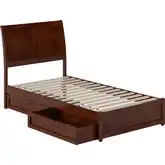 Andorra Twin Platform Bed with Panel Footboard, Drawers & Charging in Walnut Finish