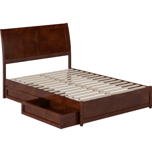 Andorra Full Platform Bed with Panel Footboard, Drawers & Charging in Walnut Finish