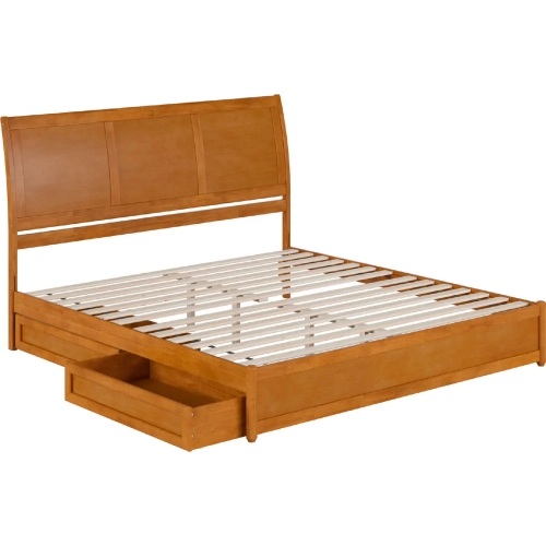 Andorra King Platform Bed with Panel Footboard, Drawers & Charging in Light Toffee