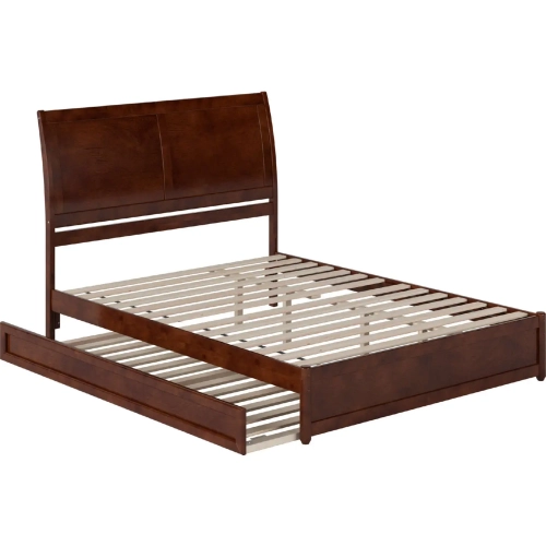 Andorra Queen Platform Bed with Panel Footboard, Twin XL Trundle & Charging in Walnut Finish